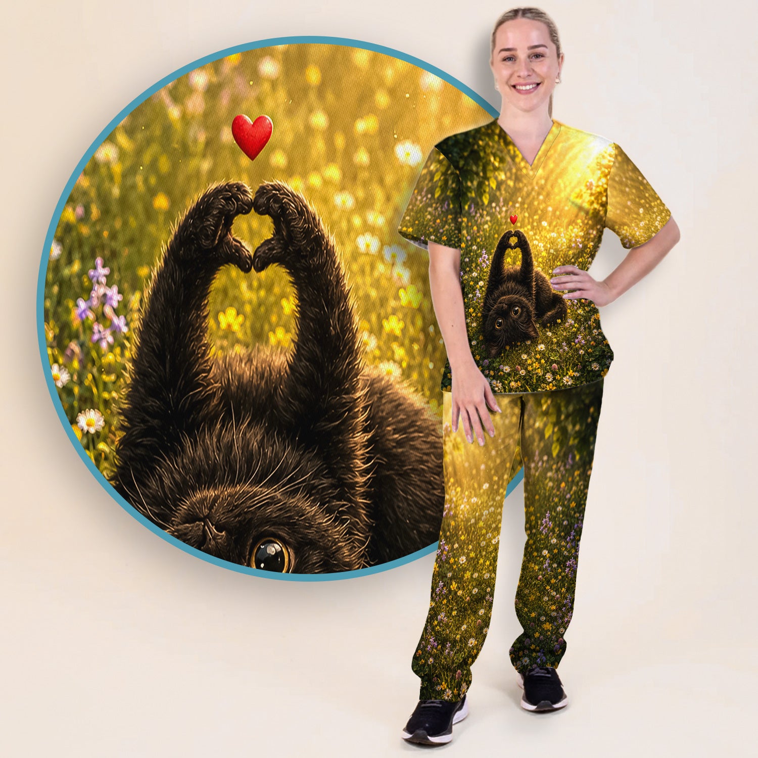 Upside Down Black Cat Meadow Pattern Scrub Set, Scrub Pants and V Neck Top