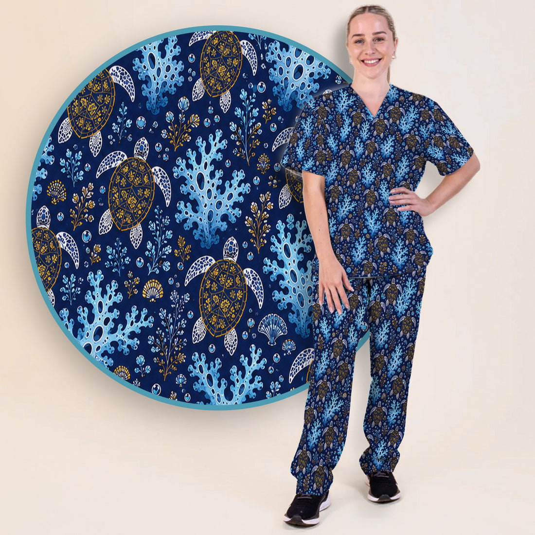 Ocean Turtle Coral Nurse Pattern Scrub Set, Scrub Pants and V Neck Top