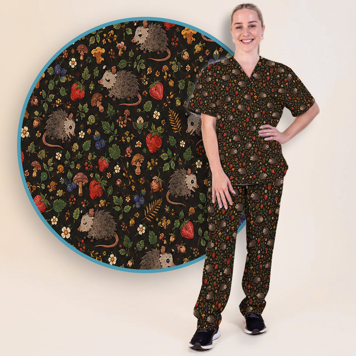 Woodland Opossum Berry Mushroom Pattern Scrub Set, Scrub Pants and V Neck Top