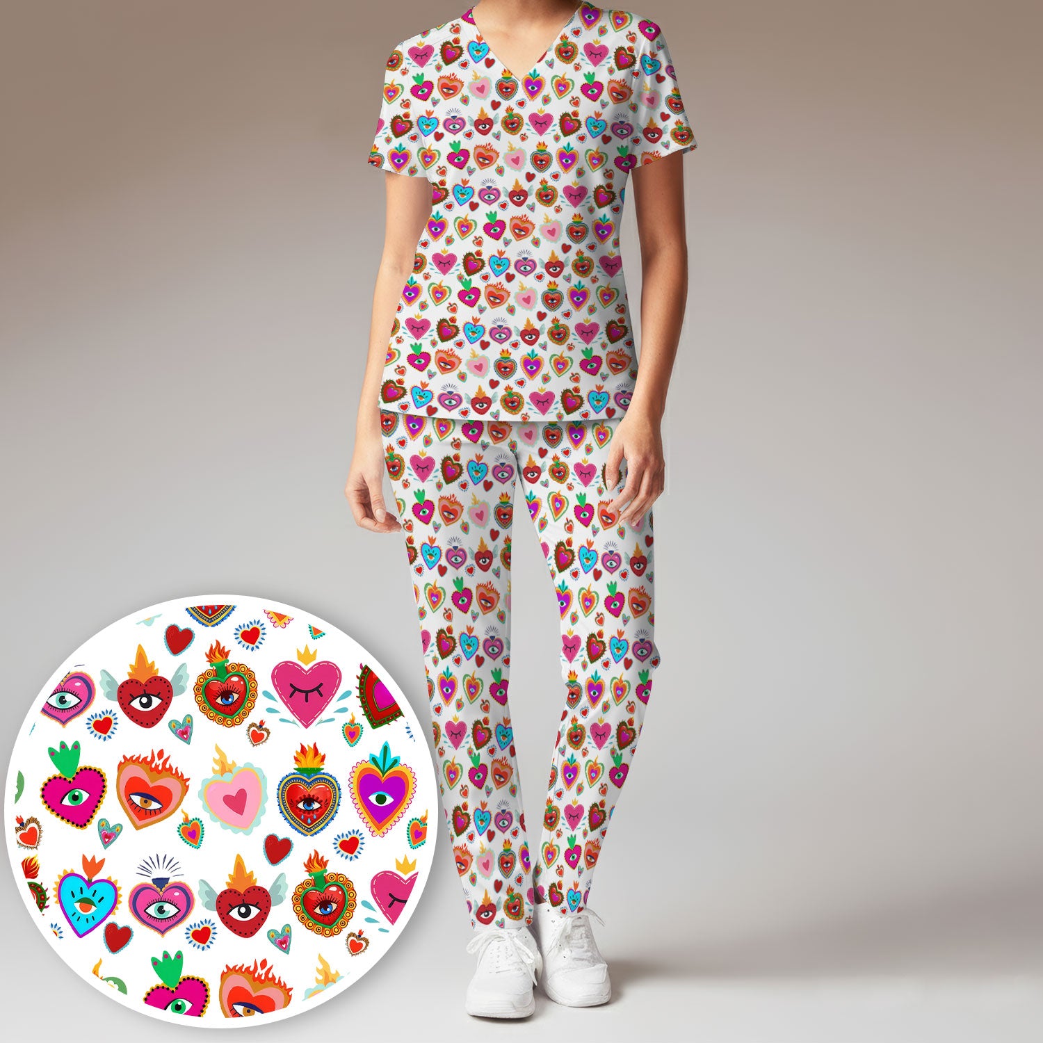 Valentine Colorful Sacred Heart Print Women's Scrub Set, Scrub Pants and V Neck Top