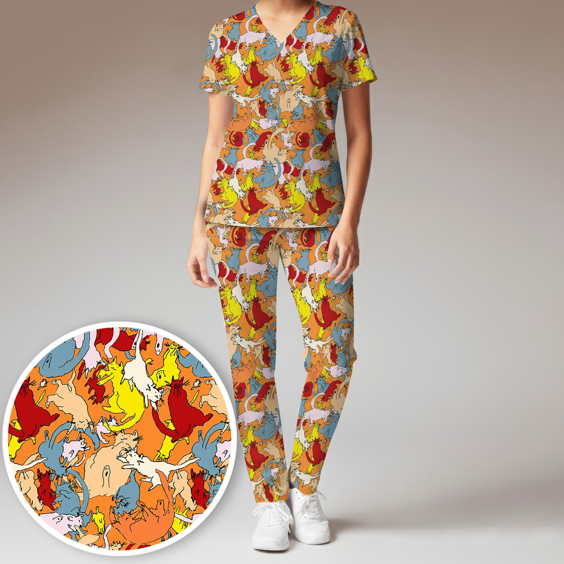 Colorful Cat Chaos Illustration Pattern Scrub Set, Scrub Pants and V Neck Top