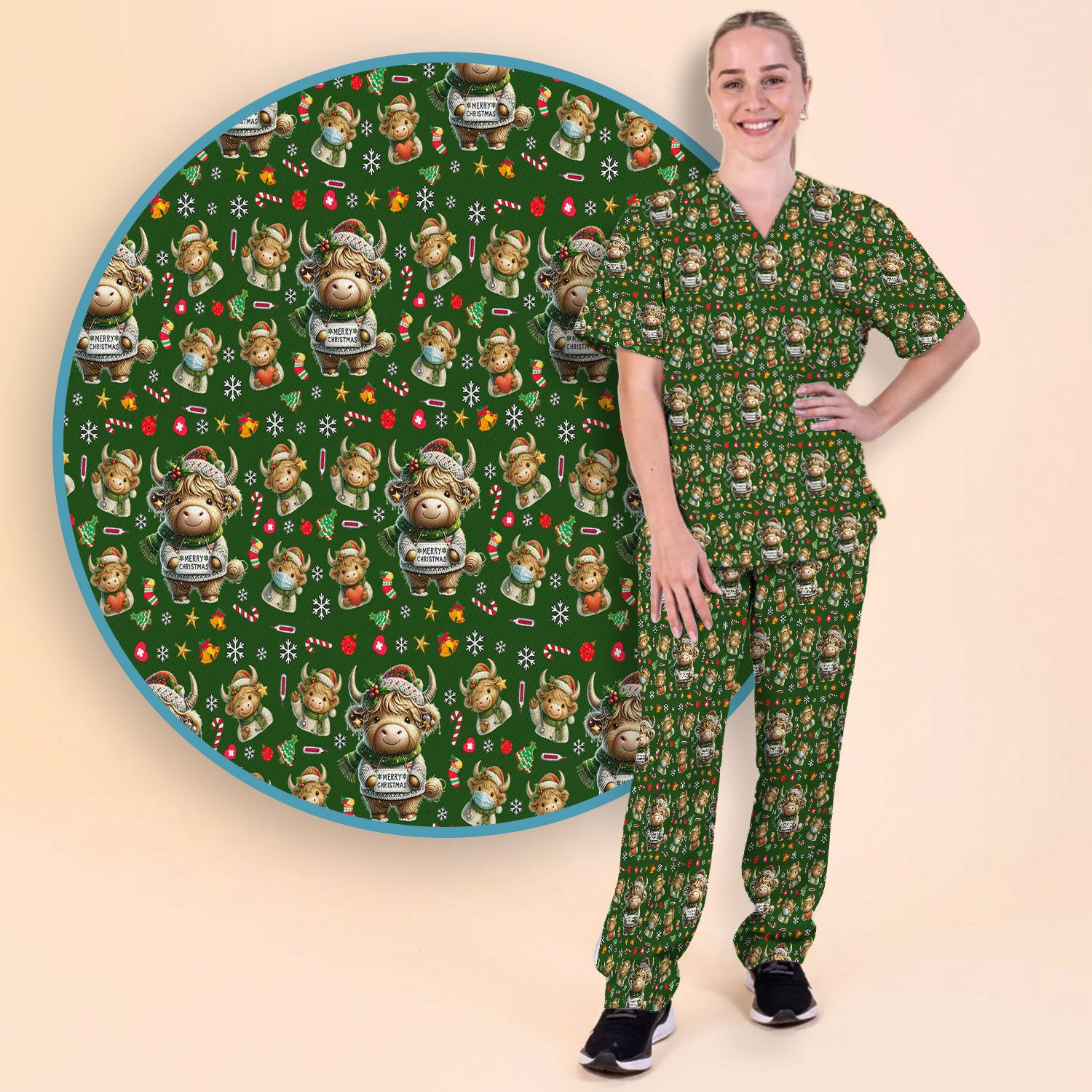 Highland Cow Christmas Scrub Set, Festive Cow Print Nurse Outfit, Holiday Medical Uniform For Women, Cute Veterinary Scrubs Gift