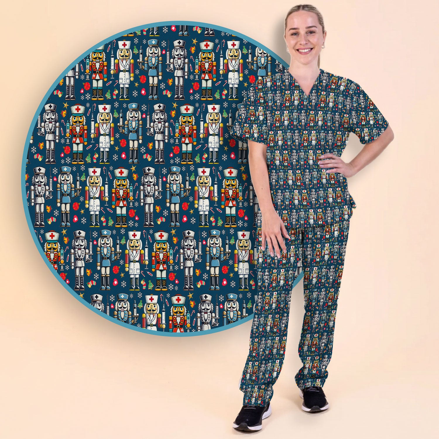 Funny Nutcracker Christmas Scrub Set – Cute Holiday Nurse Pattern Shirt – Festive Medical Uniform for RN, LPN, CNA, and Healthcare Workers