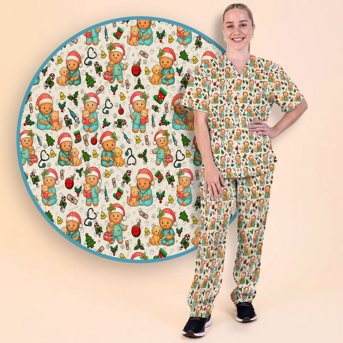 Cute Pharmacy Christmas Scrub Set – Funny Gingerbread Nurse Print Shirt – Festive Holiday Medical Uniform for Pharmacy Tech and Doctor