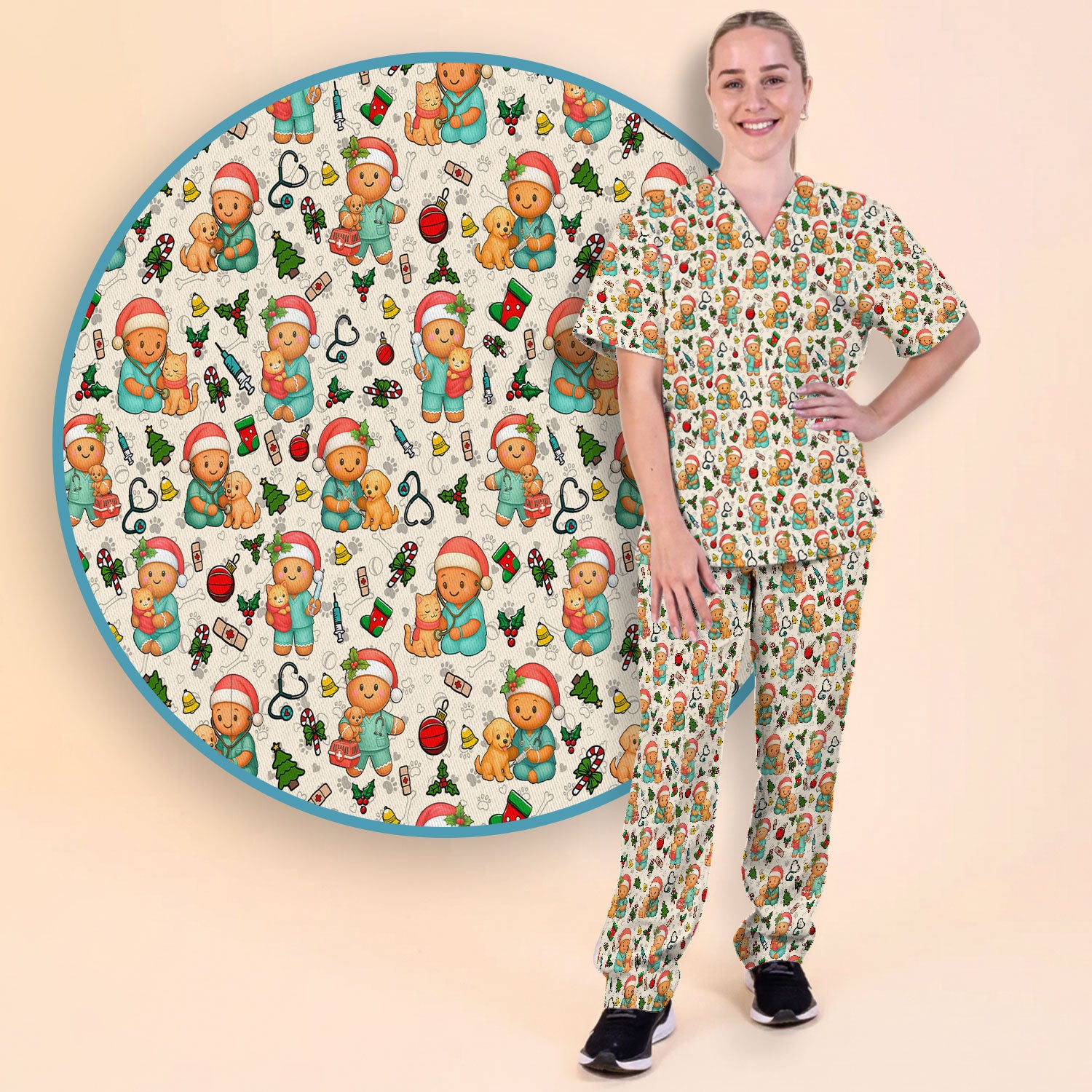Cute Pharmacy Christmas Scrub Set – Funny Gingerbread Nurse Print Shirt – Festive Holiday Medical Uniform for Pharmacy Tech and Doctor