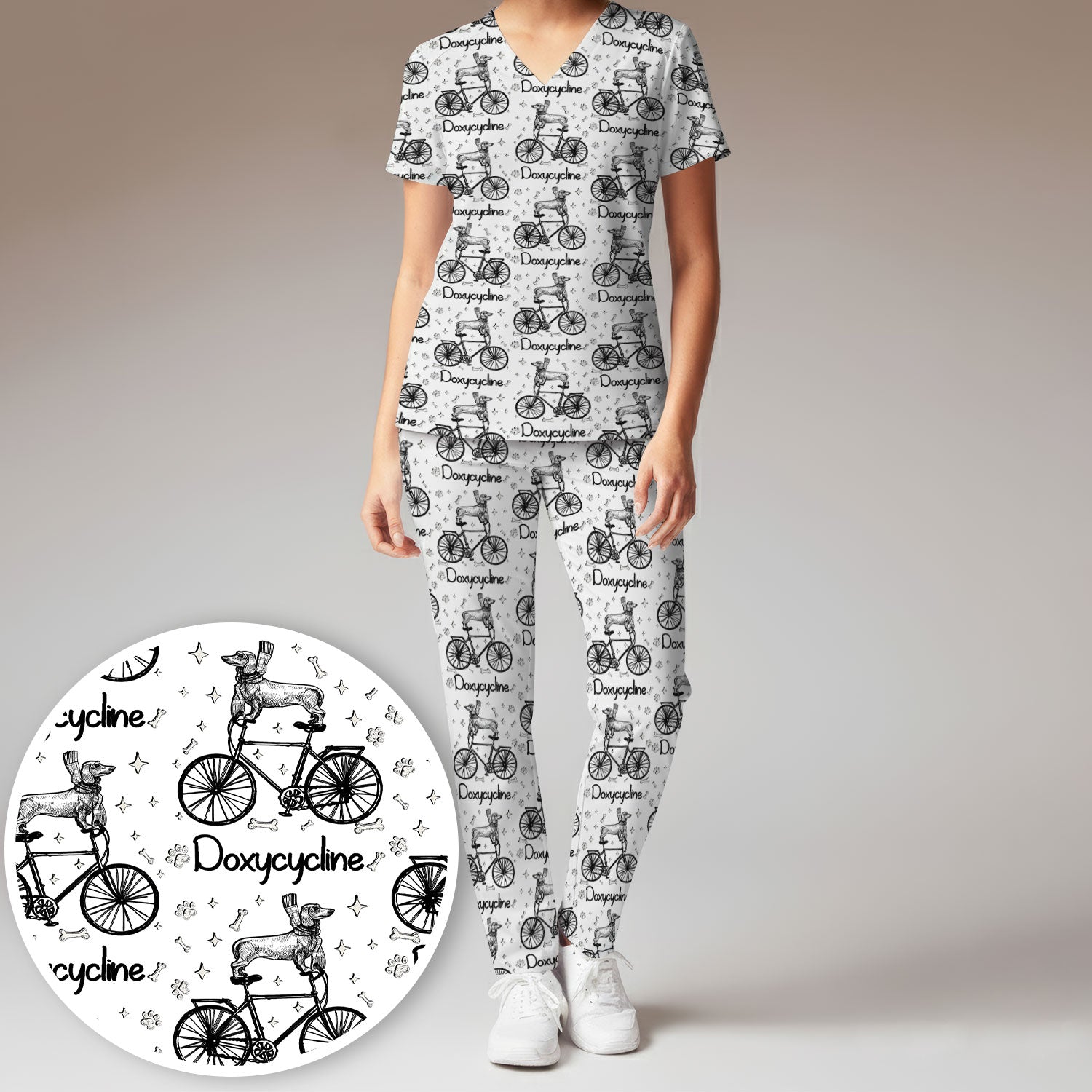 Funny Doxycycline Dog Bicycle Print Scrub Set, Scrub Pants and V Neck Top
