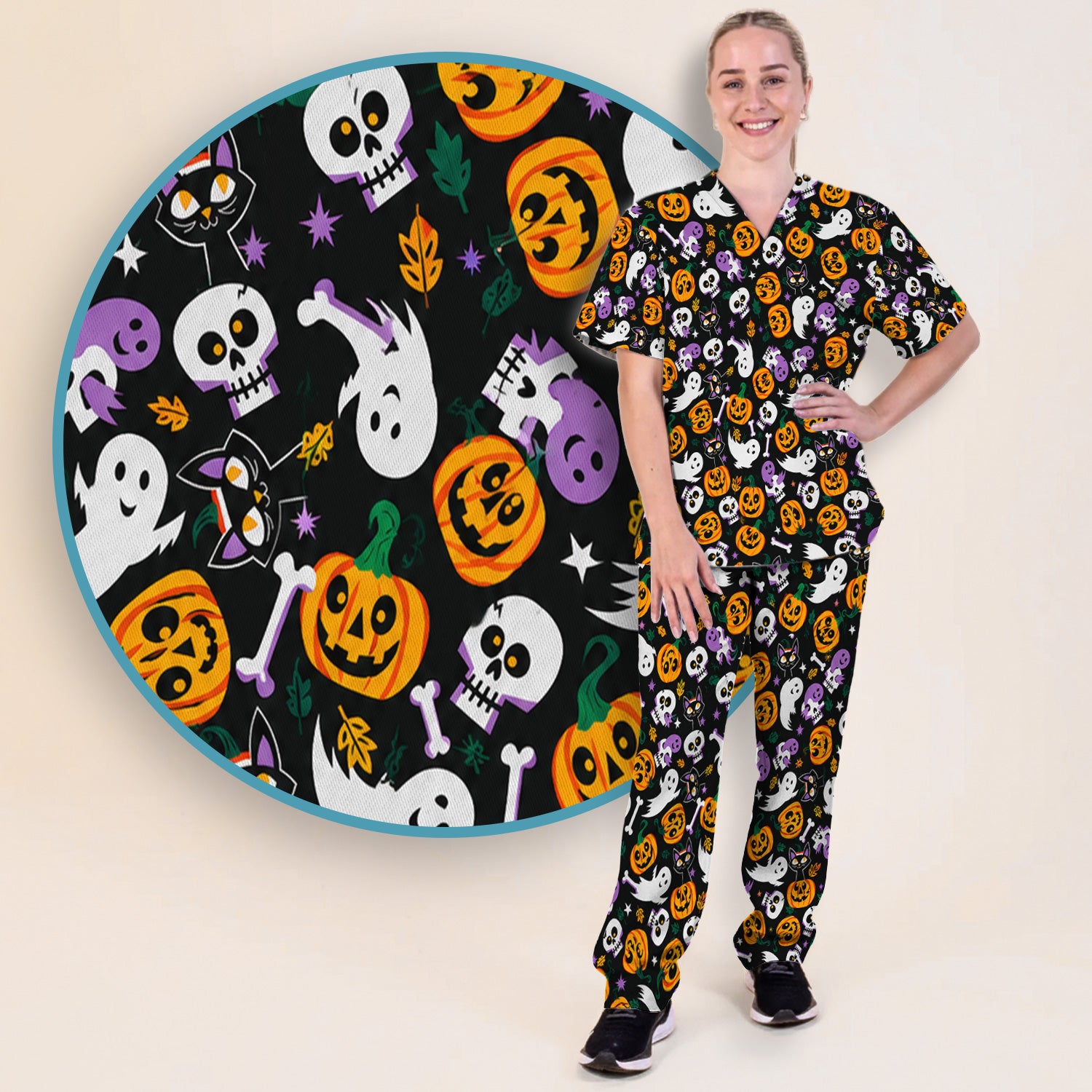 Spooky Pumpkin Ghost Print Scrub Set, Scrub Pants and V Neck Top