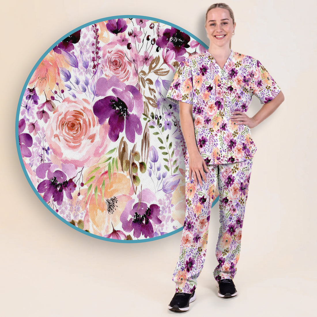 Elegant Watercolor Floral Bloom Scrub Set, Scrub Pants and V Neck Top