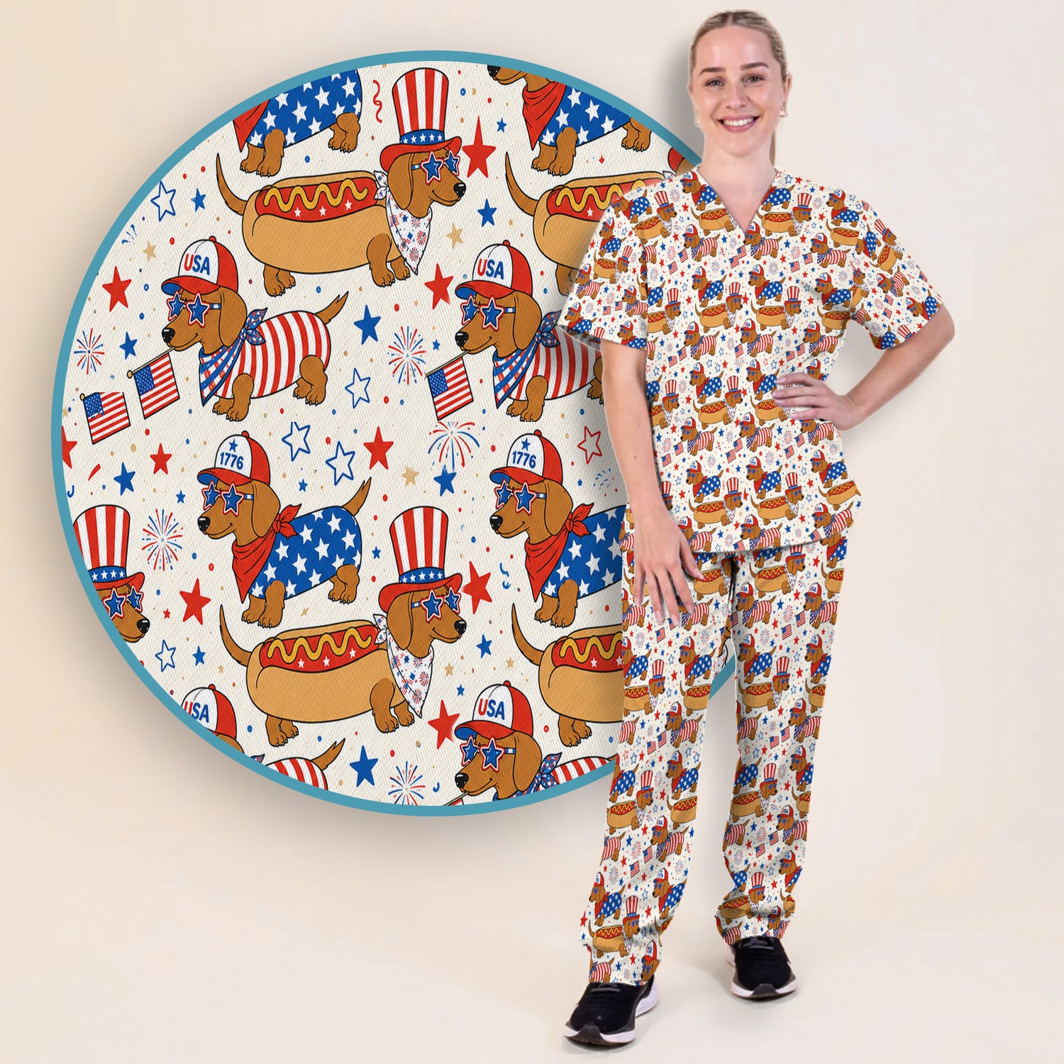 Patriotic Dachshund Fourth Of July Scrub Set, Scrub Pants and V Neck Top