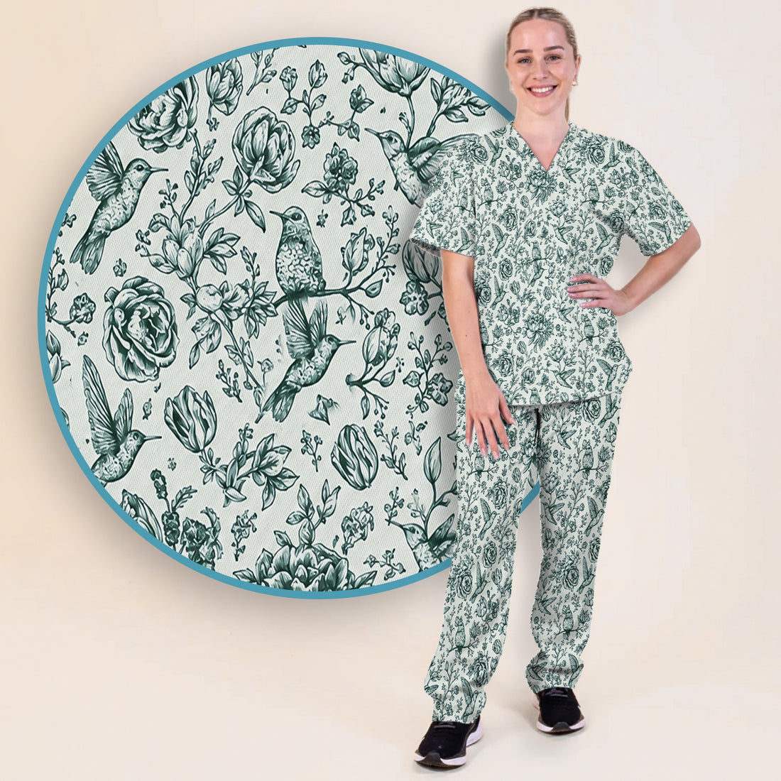 Vintage Hummingbird Pattern Scrub Set, Scrub Pants and V Neck Top