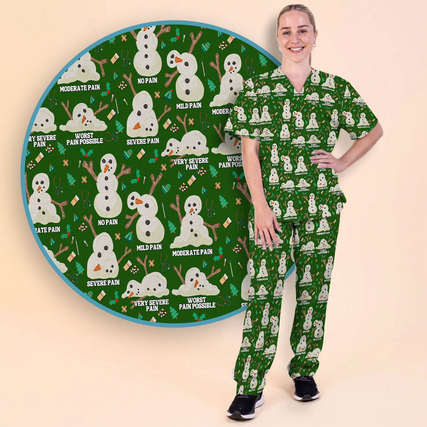 Funny Snowman Pain Scale Scrub Set for Nurse - Christmas Medical Pants and V Neck Top for Women RN LPN CNA