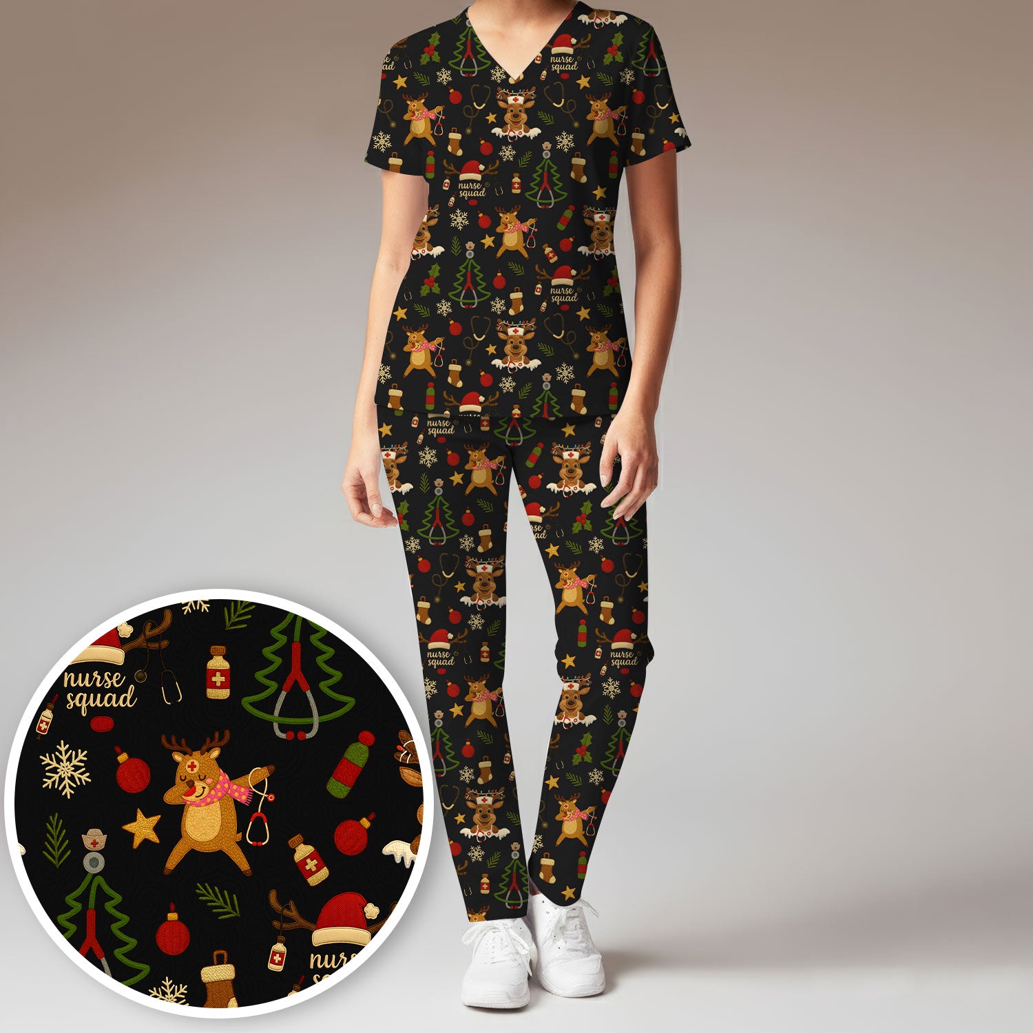 Christmas Reindeer Nurse Scrub Set for Women - Cute Holiday Pattern Scrub Top and Pants - Funny Festive Nursing Outfit Gift for RN LPN CNA