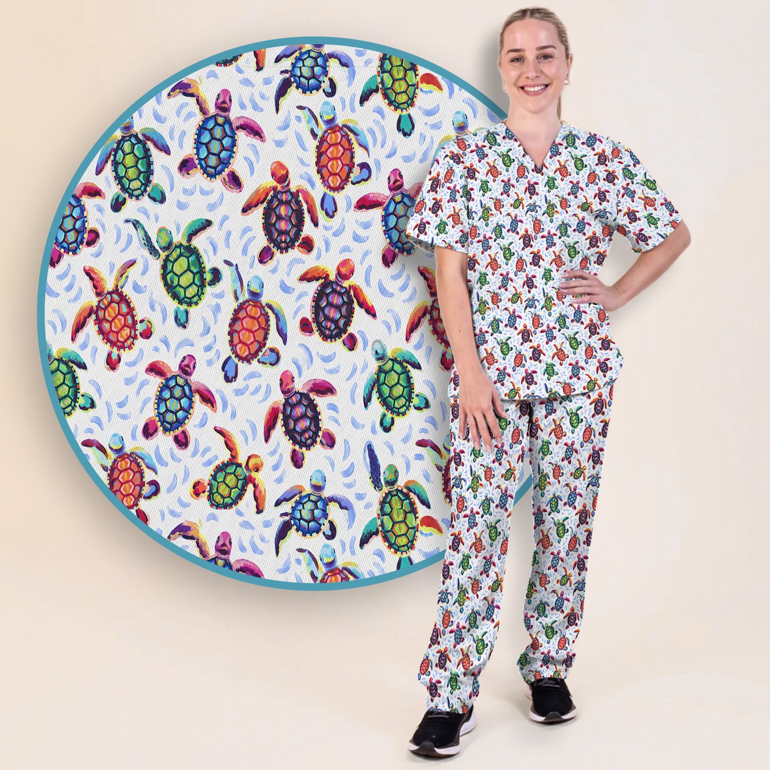 Colorful Sea Turtle Wave Pattern Scrub Set, Scrub Pants and V Neck Top