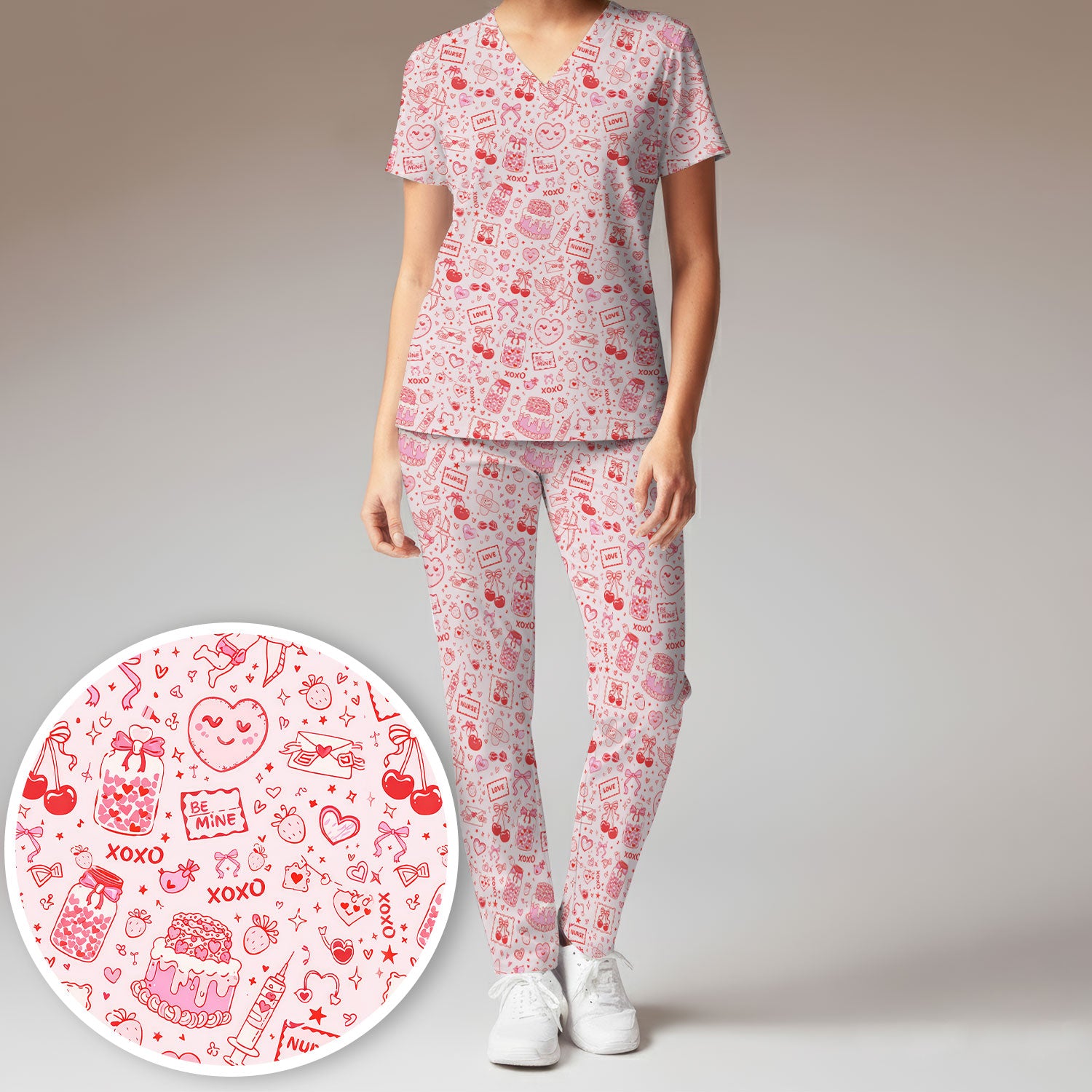 Valentine Pink XOXO Pattern Nurse Scrub Set, Comfortable Uniform Scrubs For Nursing