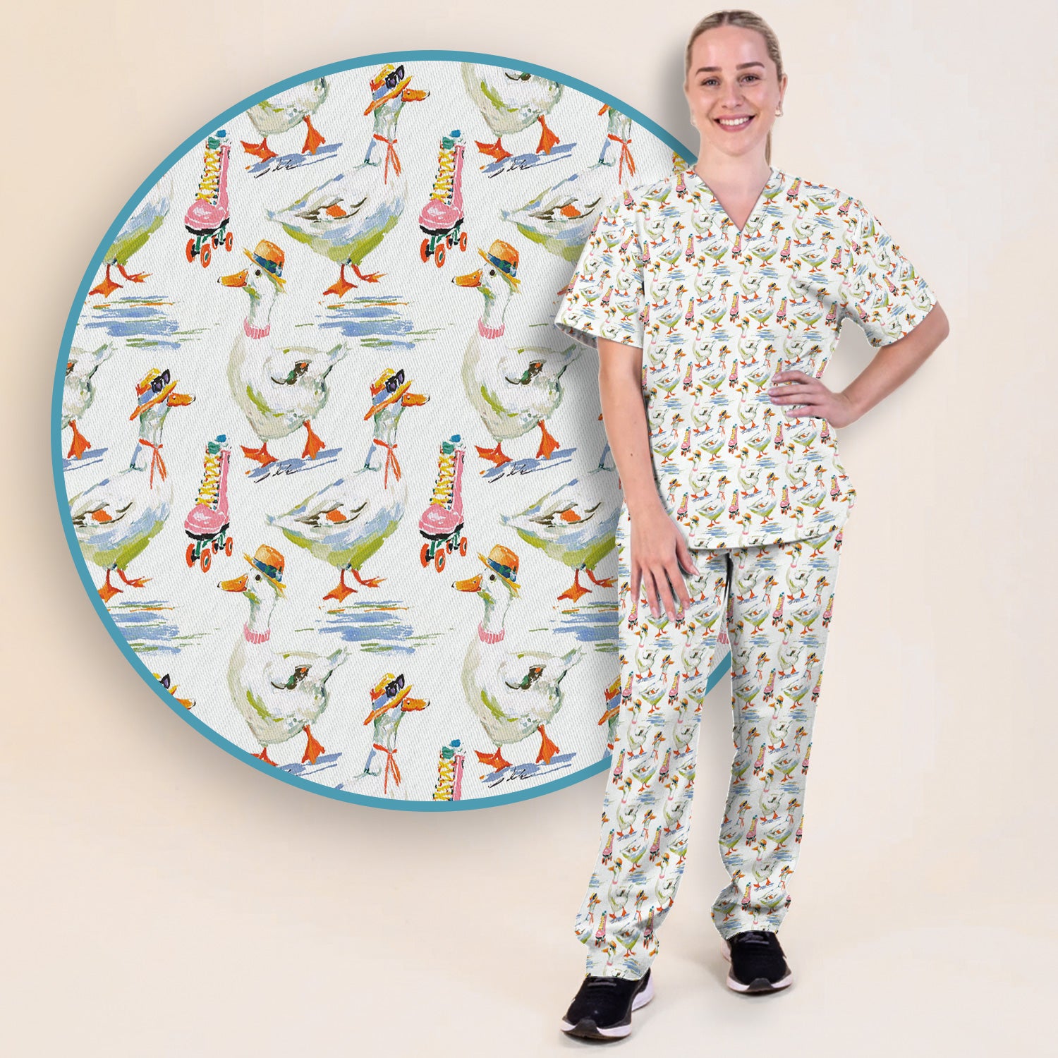 Roller Skating Goose Nurse Pattern Scrub Set, Scrub Pants and V Neck Top