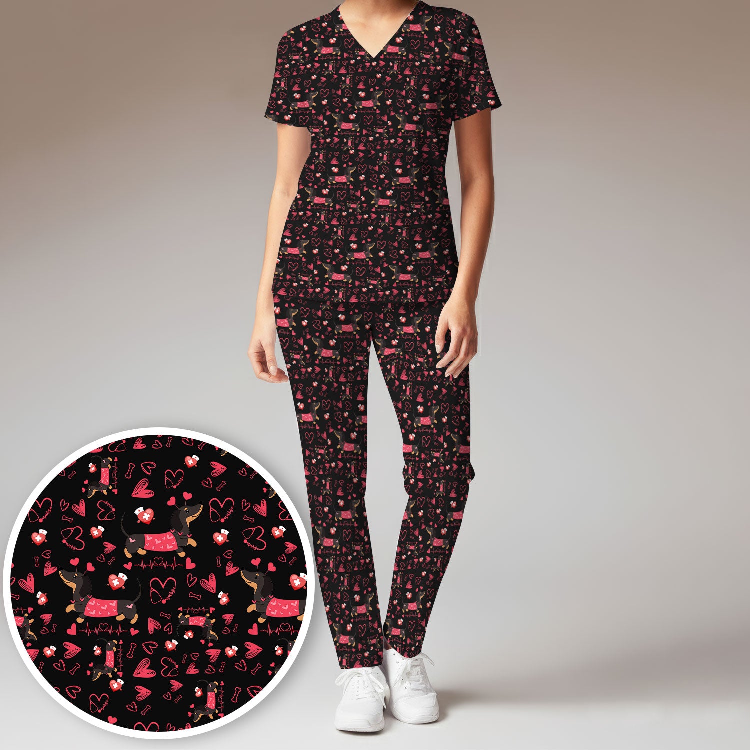 Dachshund Valentine Scrub Set, Cute Wiener Dog Heart Pattern Nurse Shirt, Breathable Fabrics Nursing Uniform