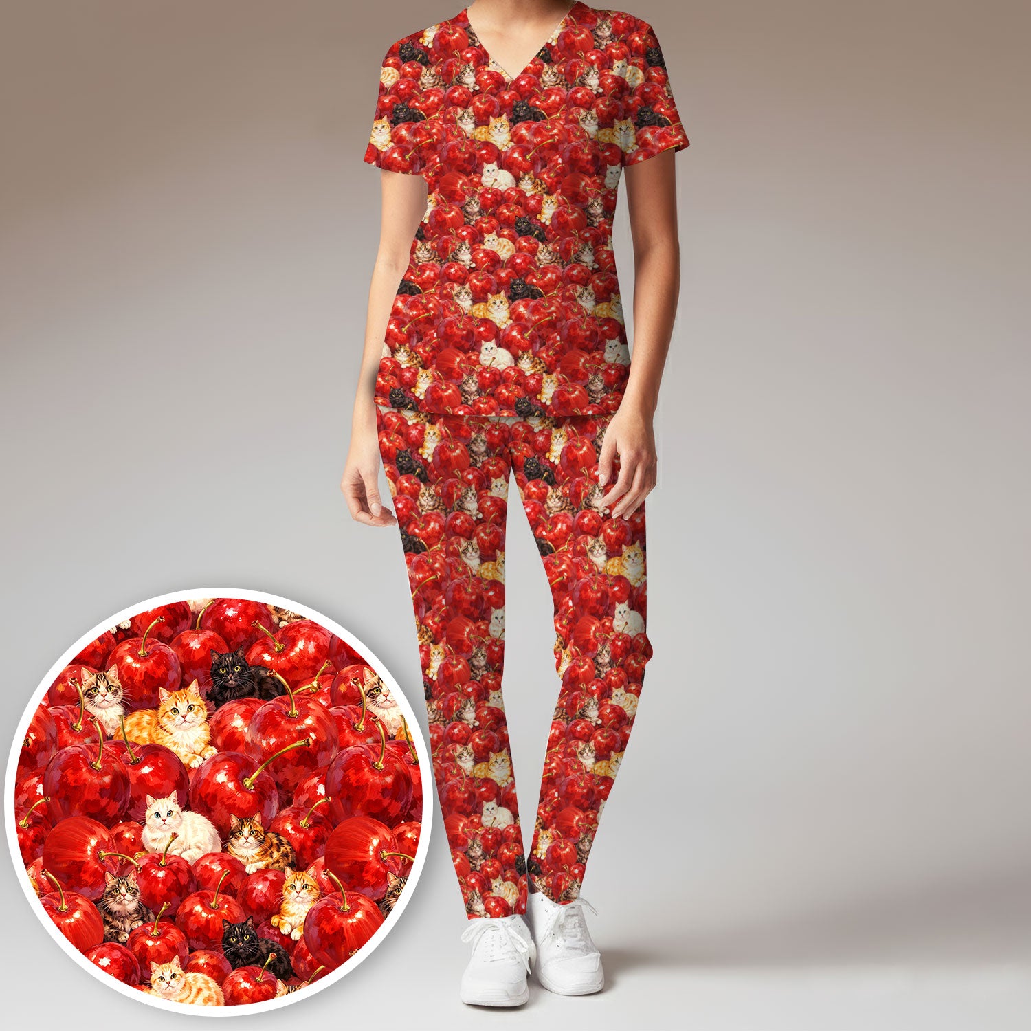 Cute Cat Cherry Pattern Scrub Set,  Scrub Pants and V Neck Top