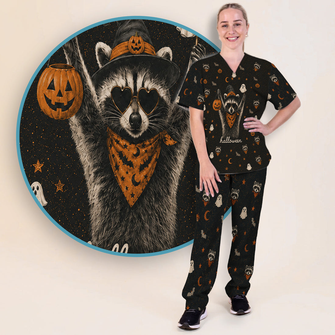 Ghost Pumpkin Raccoon Pattern Scrub Set, Scrub Pants and V Neck Top