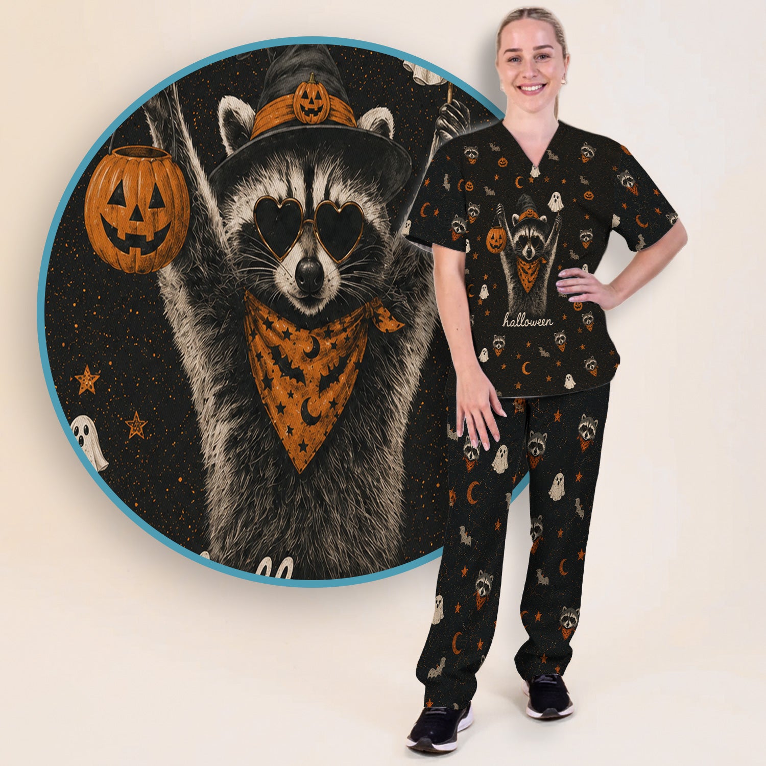 Ghost Pumpkin Raccoon Pattern Scrub Set, Scrub Pants and V Neck Top