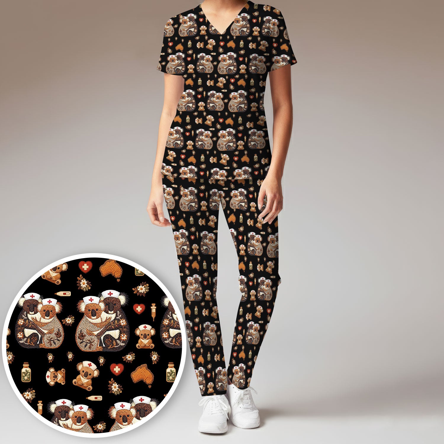 Cute Cartoon Koala Valentine Nurse Design Scrub Set, Breathable Med Uniform