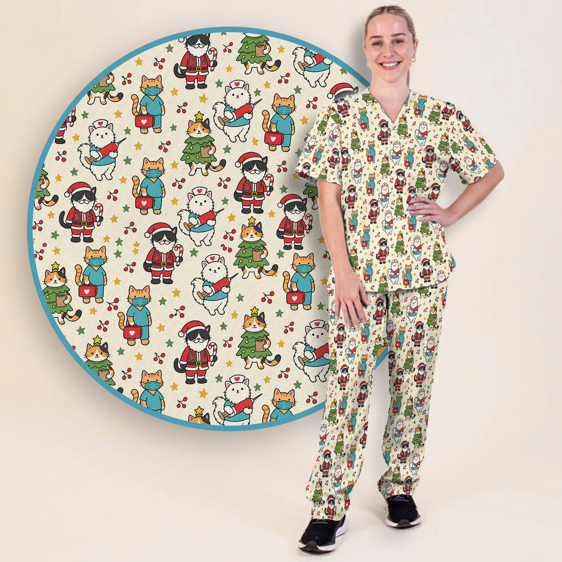 Christmas Cats In Nurse And Santa Outfits Scrub Set, Scrub Pants and V Neck Top