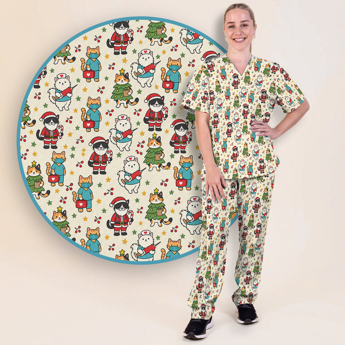 Christmas Cats In Nurse And Santa Outfits Scrub Set, Scrub Pants and V Neck Top