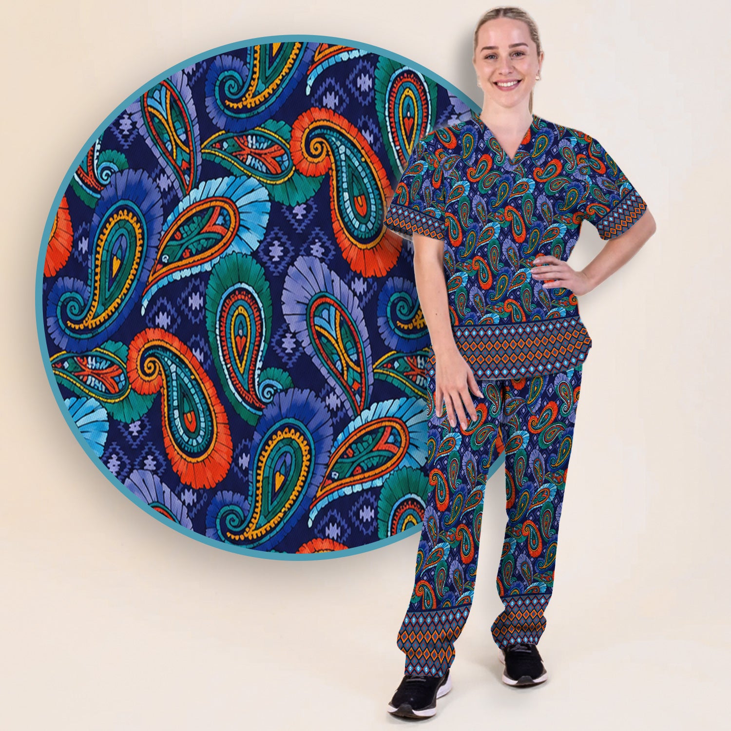 Colorful Paisley Geometric Border Pattern Scrub Set, Scrub Pants and V Neck Top