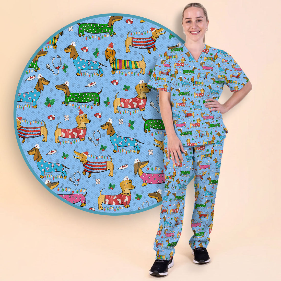 Christmas Dachshund Scrub Set for Nurses - Cute Wiener Dog in Holiday Outfit - Funny Medical Uniform Gift for Women RN LPN CNA