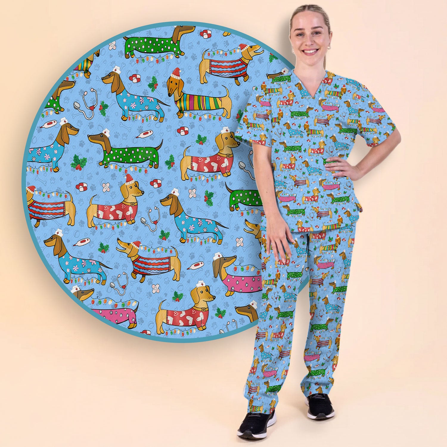 Christmas Dachshund Scrub Set for Nurses - Cute Wiener Dog in Holiday Outfit - Funny Medical Uniform Gift for Women RN LPN CNA