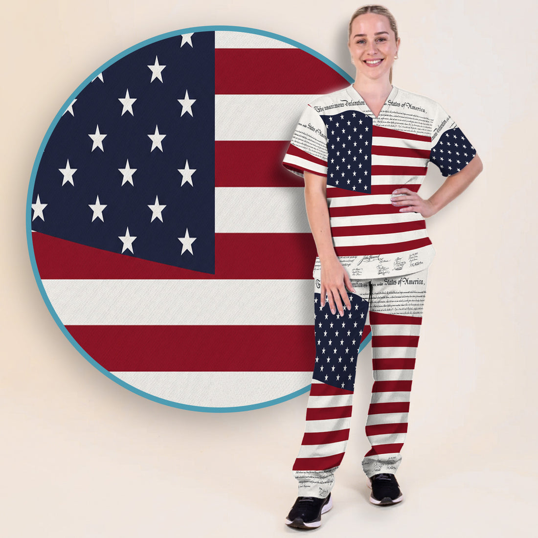 Patriotic Nurse American Flag Pattern Scrub Set, Scrub Pants and V Neck Top