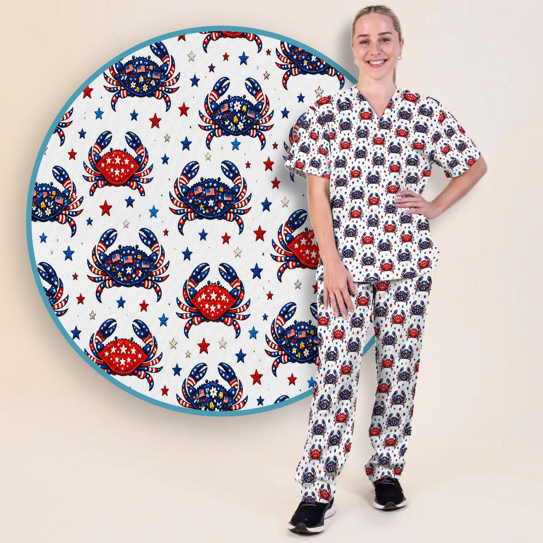 Patriotic Crab Stars Pattern Scrub Set, Scrub Pants and V Neck Top