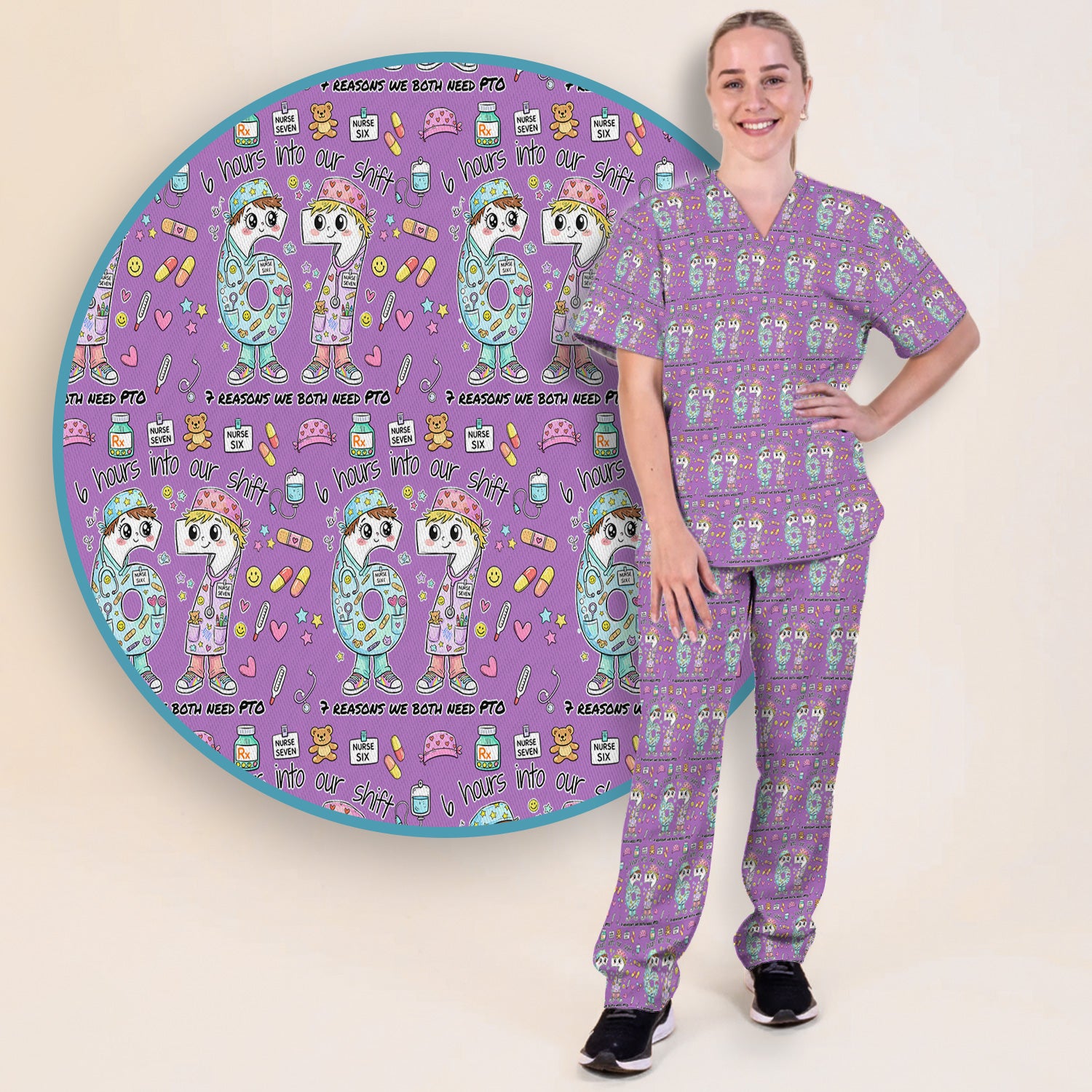 Cartoon Characters Six Hours Into Shift With Medical Doodle Scrub Set, Breathable Med Uniform