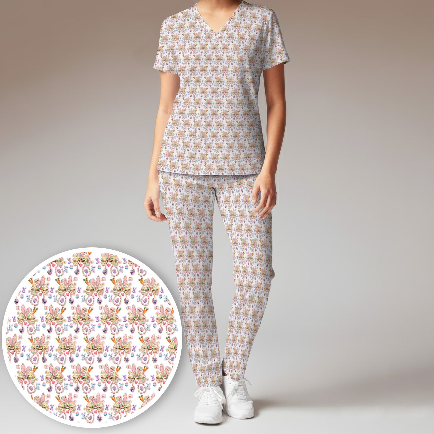 Easter Bunny Stethoscope Pastel Print Scrub Set, Scrub Pants and V Neck Top