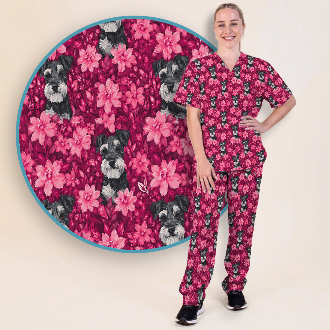 Pink Floral Schnauzer Pattern Scrub Set, Scrub Pants and V Neck Top