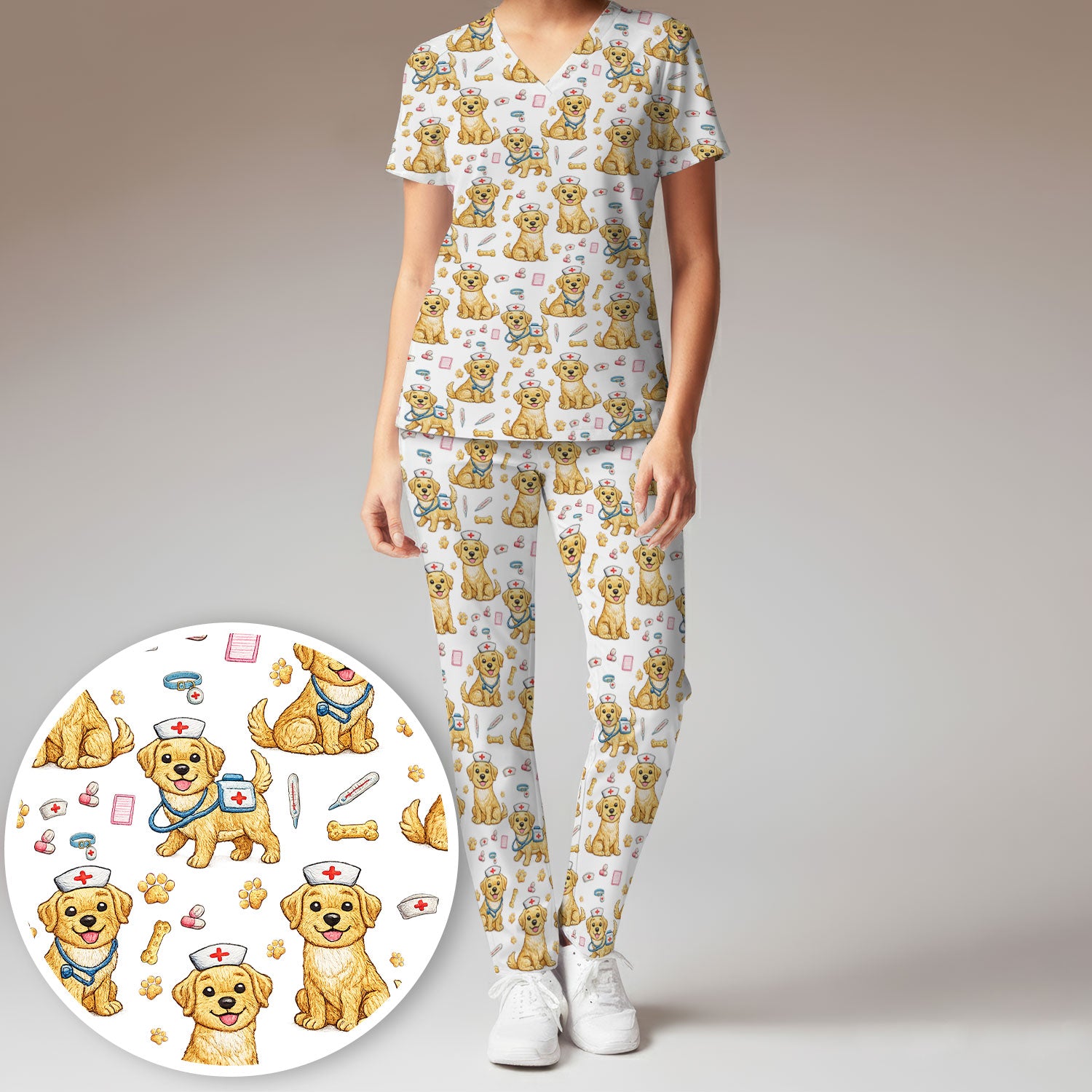 Cute Puppy Nurse Medical Print Women’s Scrub Set, Scrub Pants and V Neck Top