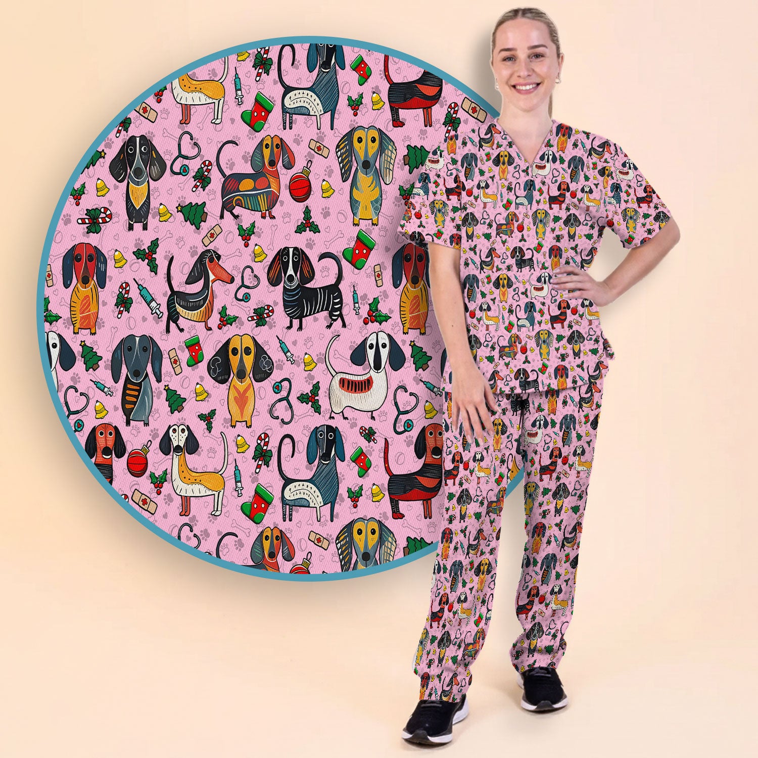 Christmas Wiener Dog Scrub Set - Funny Sausage Dog Pants and V Neck Top - Holiday Medical Uniform