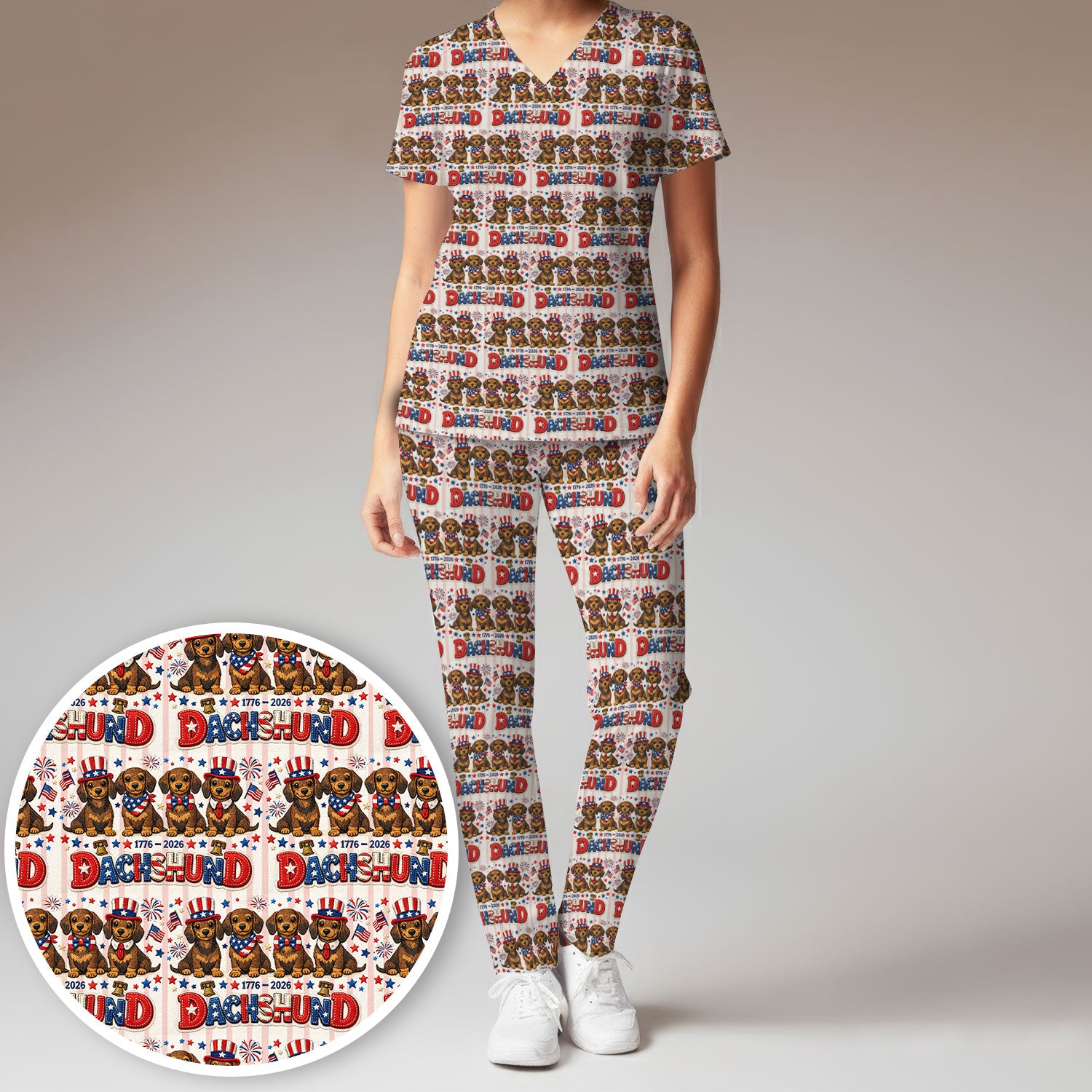 Patriotic Dachshund Fireworks Pattern Scrub Set, Scrub Pants and V Neck Top