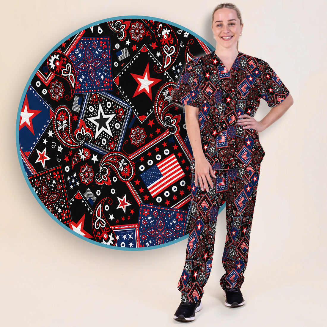 Patriotic Bandana With USA Flag Pattern Scrub Set, Scrub Pants and V Neck Top