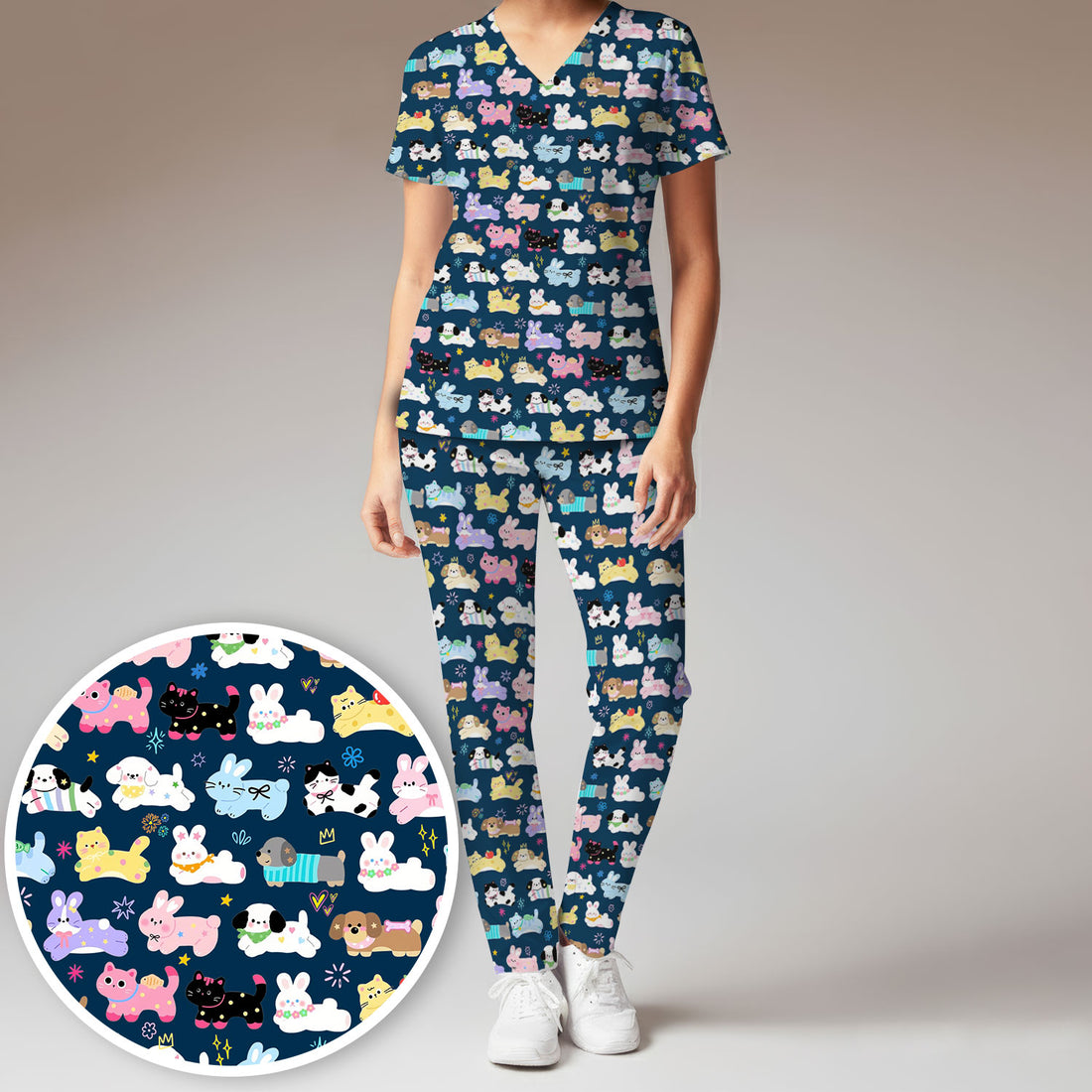 Cute Kawaii Animal Pattern Scrub Set, Scrub Pants and V Neck Top