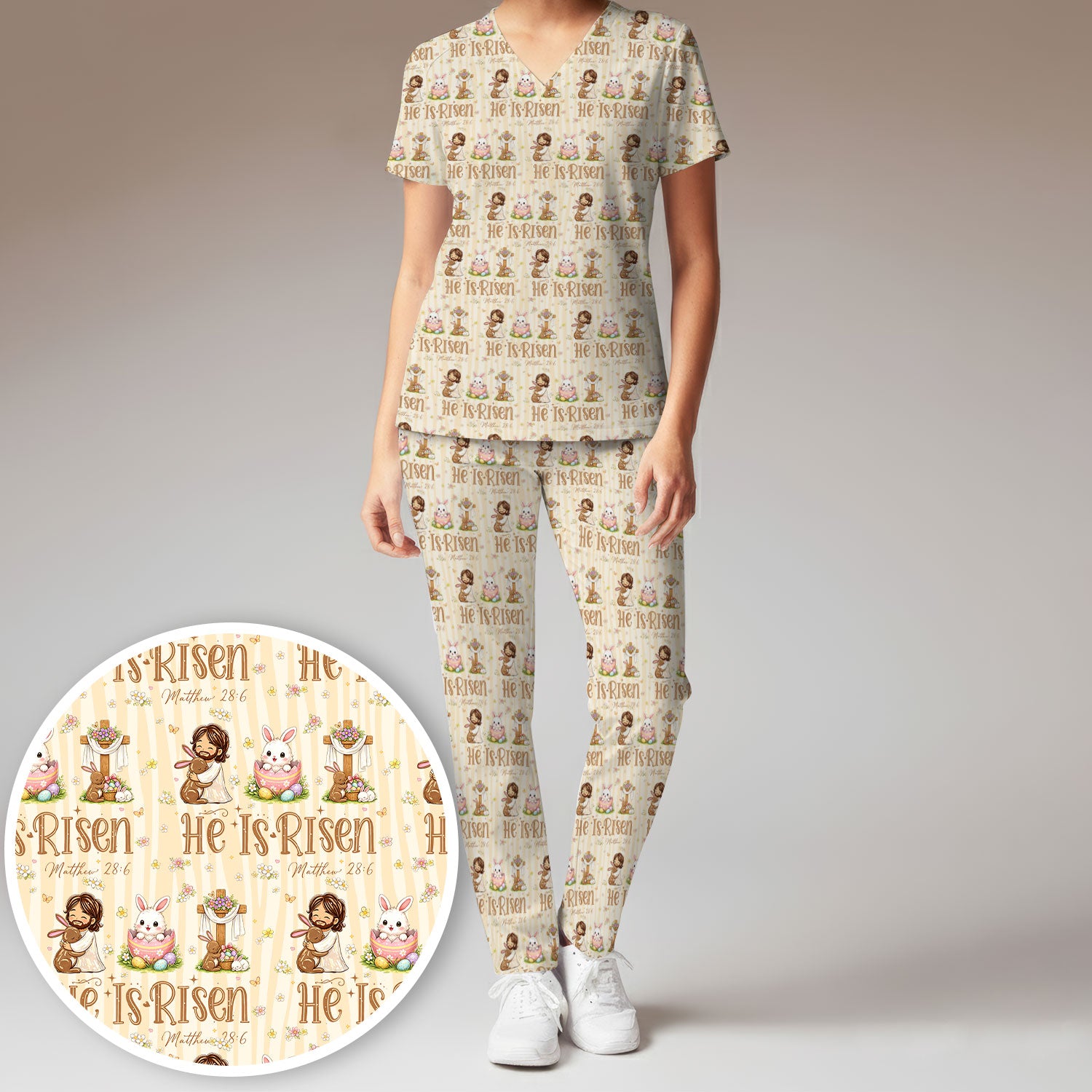 He Is Risen Jesus Easter Print Sets, Scrub Pants and V Neck Top