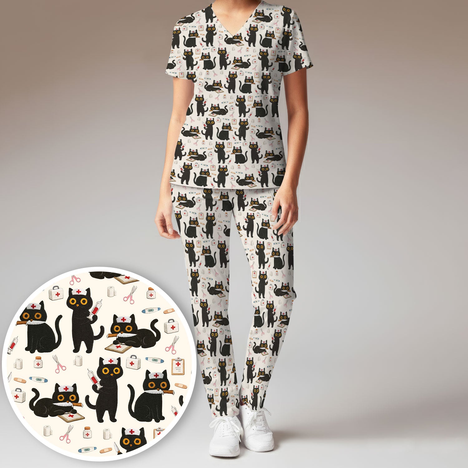 Cute Black Cat Nurse Pattern Women's Scrub Set, Breathable Med Uniform