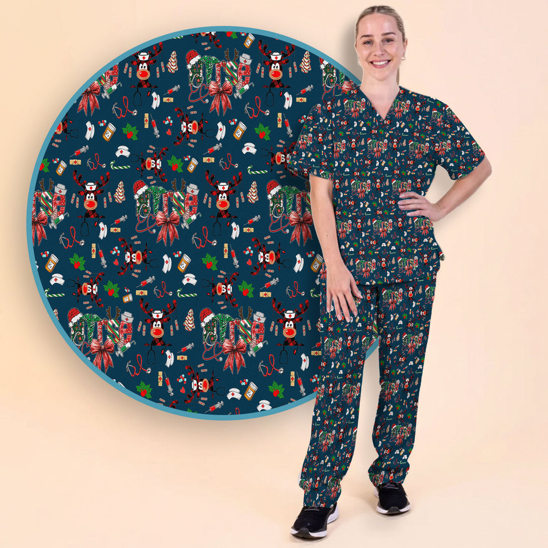 Whimsical Reindeer Christmas Scrub Set – Festive Holiday Reindeer Pattern – Cute Medical Uniform for Nurses, Vets and Healthcare Workers