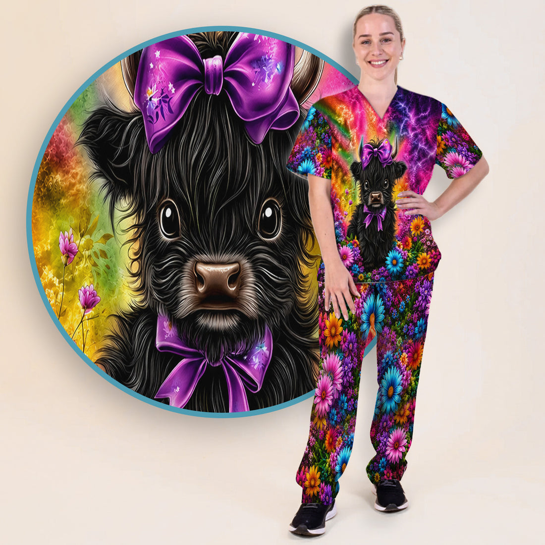 Cute Highland Cow Rainbow Floral Pattern Scrub Set, Scrub Pants and V Neck Top