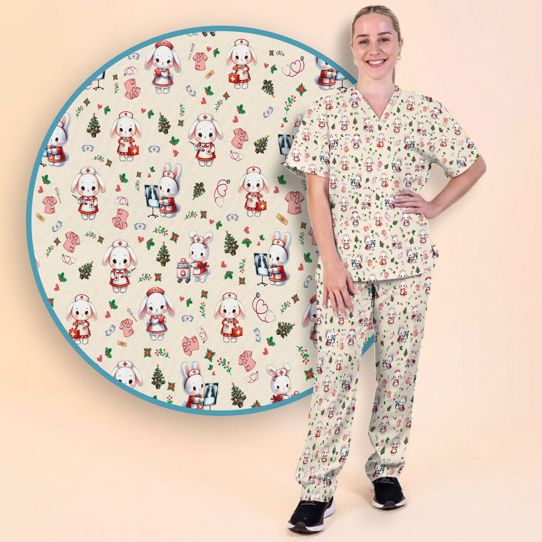 Cute Bunny Scrub Set for Nurse - Adorable Christmas Rabbit Pants and V Neck Top - Funny Holiday Medical Shirt Gift