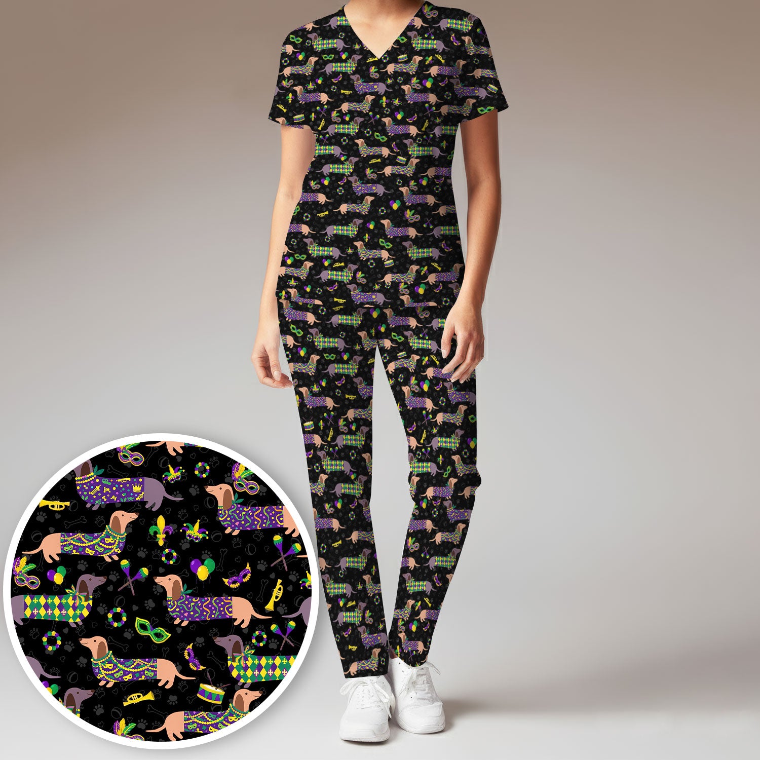Mardi Gras Dachshund Nurse Scrub Set, Wiener Dog Holiday Pattern Nurses Shirt, Comfortable Uniform Scrubs For Nursing