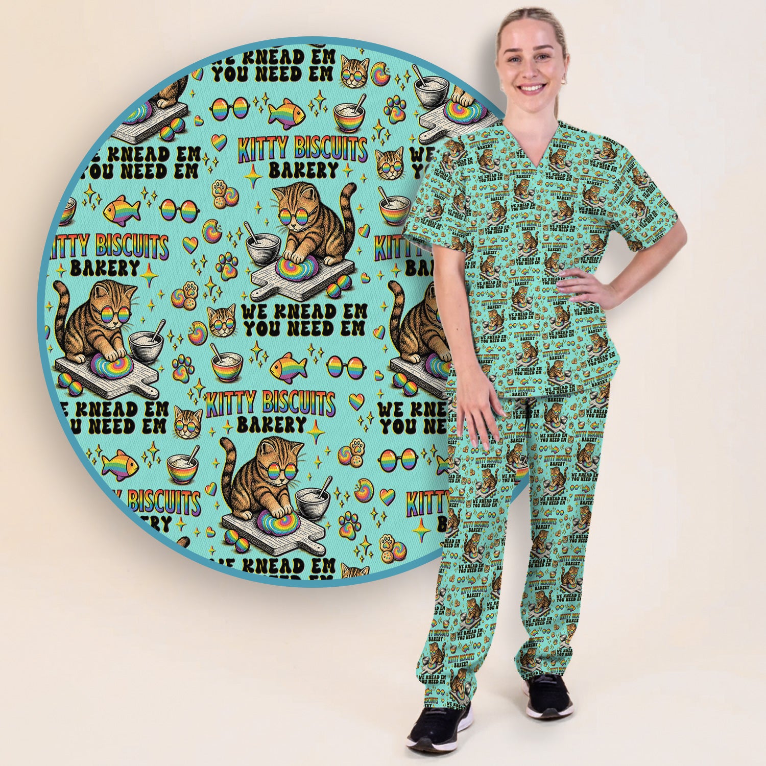 Pride Nurse Cat Baking Rainbow Dough Pattern Scrub Set, Women's Scrub Sets