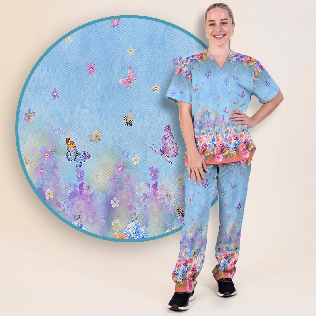 Pastel Flower Garden Print Scrub Set, Scrub Pants and V Neck Top