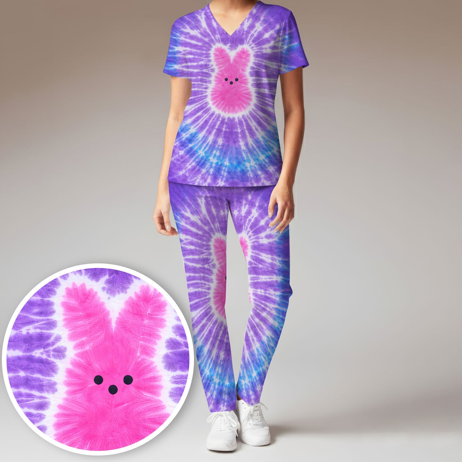 Easter Peep Tie Dye Scrub Set, Easter Bunny Nurse Shirt For Women, Breathable Fabrics Nursing Uniform