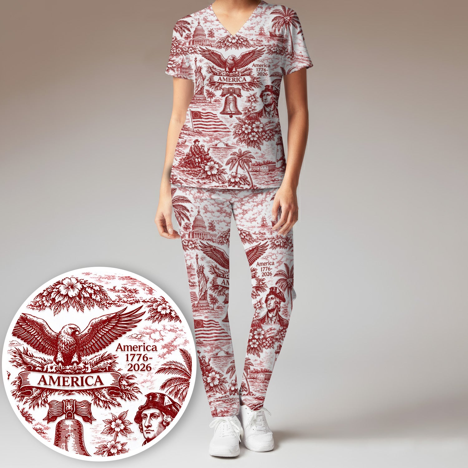 Patriotic America Heritage Toile Pattern Scrub Set, Women's Scrub Sets