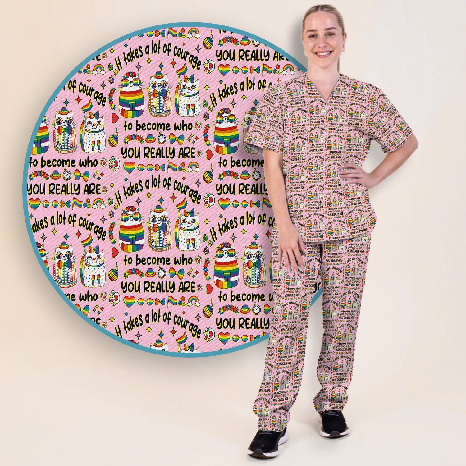 Inspirational Nurse Rainbow Cat Courage Quote Pattern Scrub Top, Breathable Fabrics Nursing Uniform